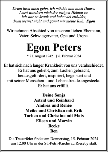 Traueranzeige von Egon Peters von Eckernförder Zeitung