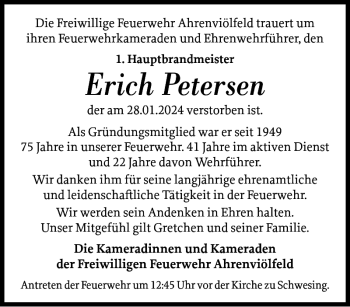 Traueranzeige von Erich Petersen von Husumer Nachrichten