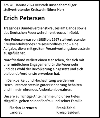 Traueranzeige von Erich Petersen von Husumer Nachrichten