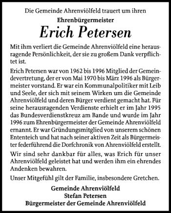 Traueranzeige von Erich Petersen von Husumer Nachrichten