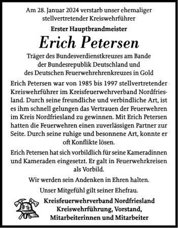 Traueranzeige von Erich Petersen von Husumer Nachrichten