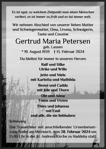 Traueranzeige von Gertrud Maria Petersen von Schleswiger Nachrichten