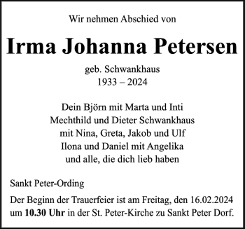 Traueranzeige von Irma Johanna Petersen von Husumer Nachrichten