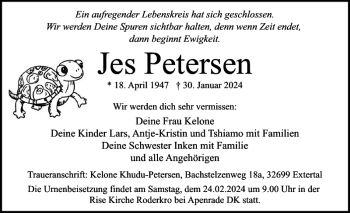 Traueranzeige von Jes Petersen von Husumer Nachrichten