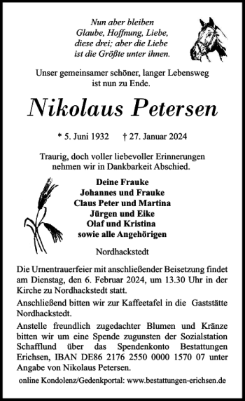 Traueranzeige von Nikolaus Petersen von Flensburger Tageblatt