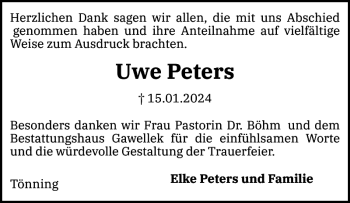 Traueranzeige von Uwe Peters von Husumer Nachrichten