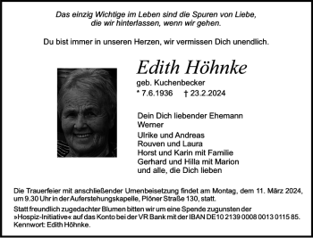Traueranzeige von Edith Höhnke von Holsteinischer Courier
