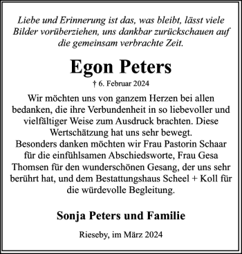 Traueranzeige von Egon Peters von Eckernförder Zeitung