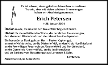 Traueranzeige von Erich Petersen von Husumer Nachrichten