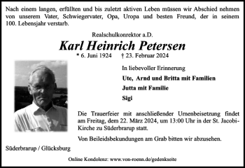 Traueranzeige von Karl Heinrich Petersen von Schleswiger Nachrichten