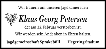Traueranzeige von Klaus Georg Petersen von Husumer Nachrichten
