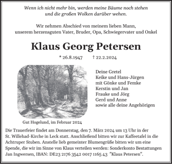 Traueranzeige von Klaus Georg Petersen von Husumer Nachrichten