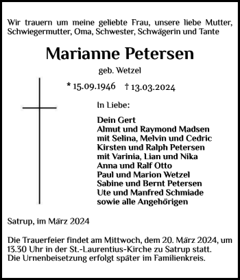 Traueranzeige von Marianne Petersen von Flensburger Tageblatt