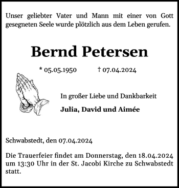 Traueranzeige von Bernd Petersen von Husumer Nachrichten