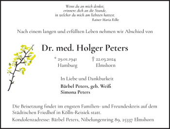 Traueranzeige von Dr. med. Holger Peters von Elmshorner Nachrichten