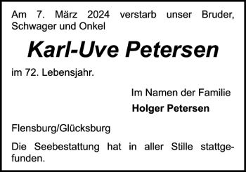 Traueranzeige von Karl-Uve Petersen von Flensburger Tageblatt