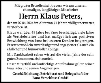 Traueranzeige von Klaus Peters von Norddeutsche Rundschau