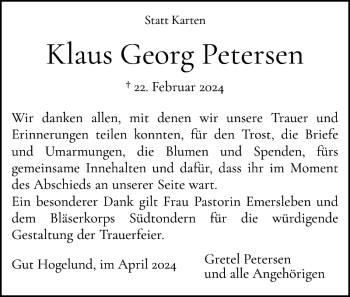 Traueranzeige von Klaus Georg Petersen von Husumer Nachrichten