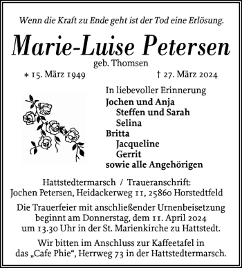 Traueranzeige von Marie-Luise Petersen von Husumer Nachrichten