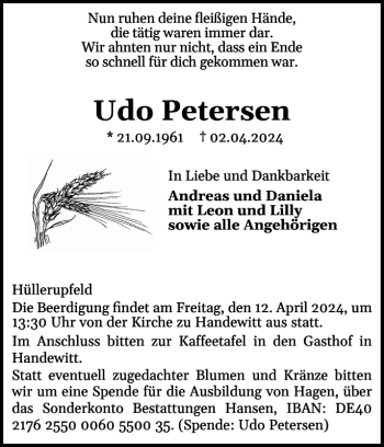 Traueranzeige von Udo Petersen von Flensburger Tageblatt