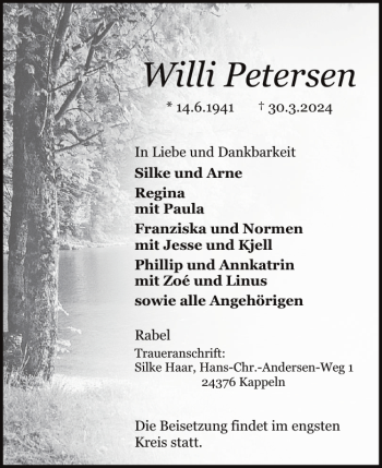 Traueranzeige von Willi Petersen von Schleswiger Nachrichten