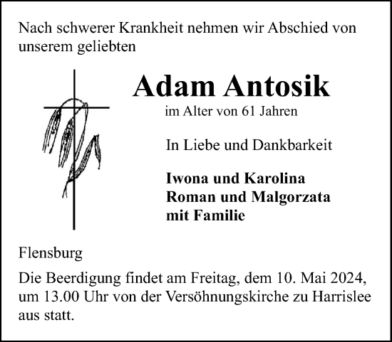 Traueranzeige von Adam Antosik von Flensburger Tageblatt