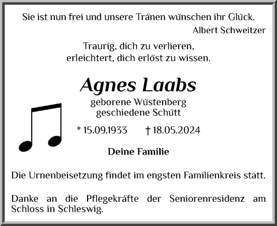 Traueranzeige von Agnes Laabs von Schleswiger Nachrichten, Schlei-Bote