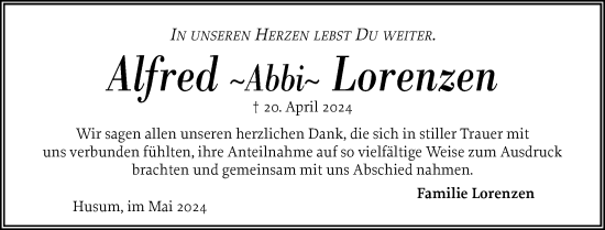 Traueranzeige von Alfred Lorenzen von Husumer Nachrichten, Nordfriesland Tageblatt