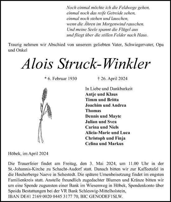 Traueranzeige von Alois Struck-Winkler von Schleswig-Holsteinische Landeszeitung