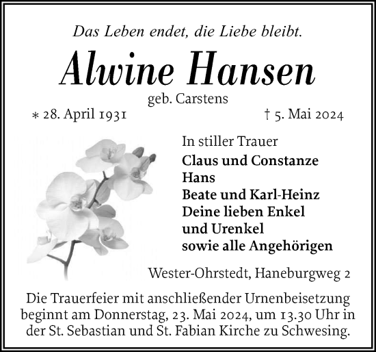 Traueranzeige von Alwine Hansen von Husumer Nachrichten, Nordfriesland Tageblatt
