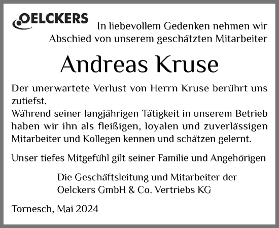 Traueranzeige von Andreas Kruse von Uetersener Nachrichten, Der tip am Wochenende