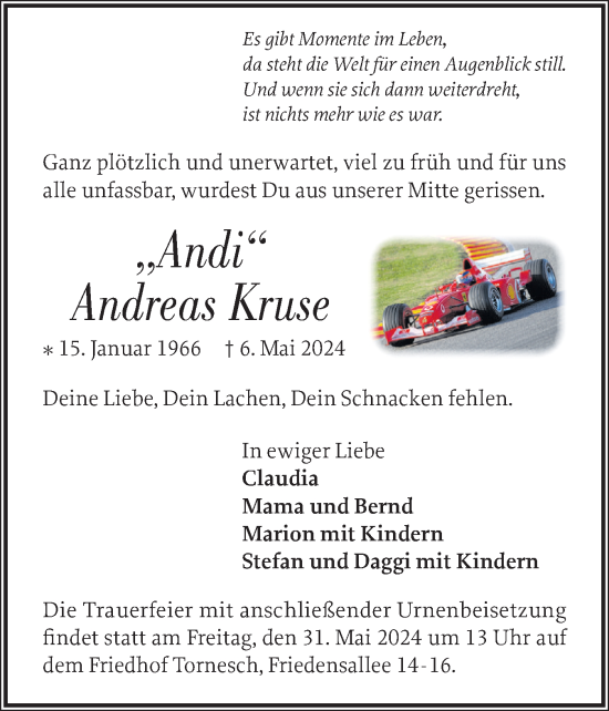 Traueranzeige von Andreas Kruse von Uetersener Nachrichten, Der tip am Wochenende