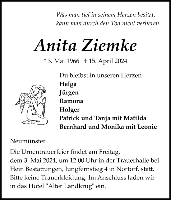 Traueranzeige von Anita Ziemke von Holsteinischer Courier