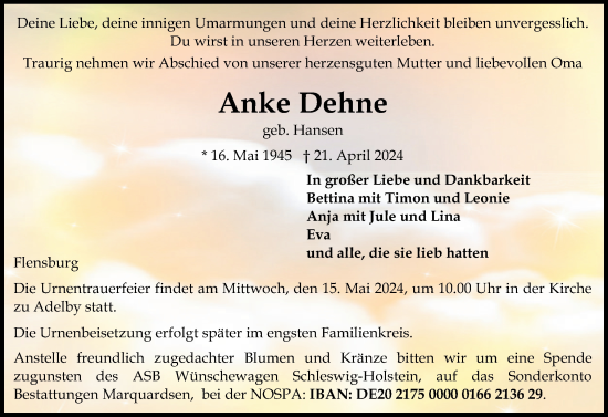 Traueranzeige von Anke Dehne von Flensburger Tageblatt