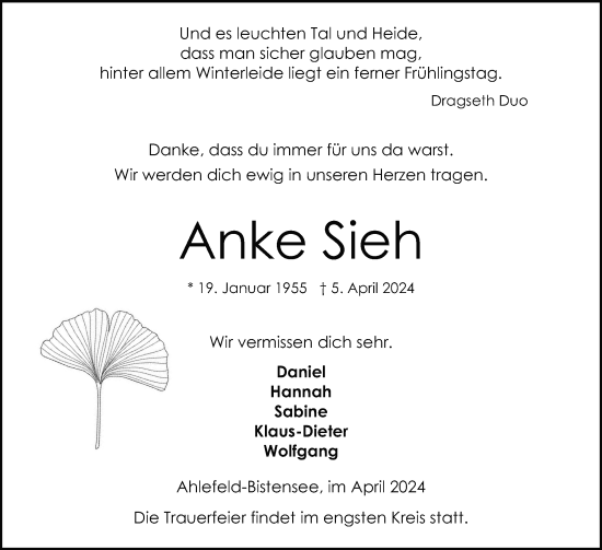 Traueranzeige von Anke Sieh von Eckernförder Zeitung, Hallo Eckernförde