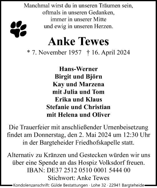 Traueranzeige von Anke Tewes von Stormaner Tageblatt
