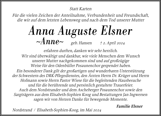 Traueranzeige von Anna Auguste Elsner von Husumer Nachrichten, Nordfriesland Tageblatt
