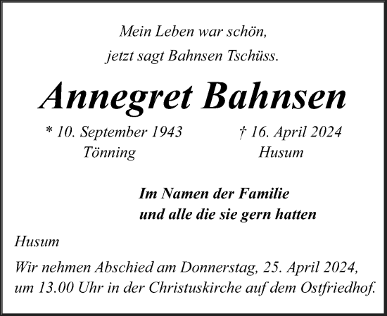 Traueranzeige von Annegret Bahnsen von Husumer Nachrichten, Nordfriesland Tageblatt