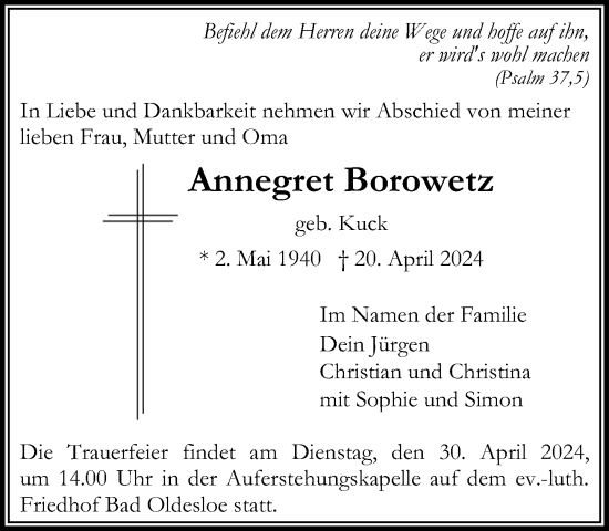 Traueranzeige von Annegret Borowetz von Stormaner Tageblatt