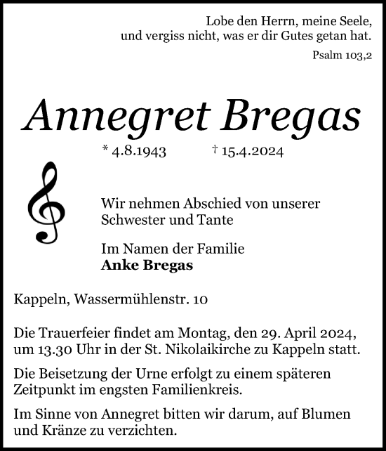 Traueranzeige von Annegret Bregas von Schleswiger Nachrichten, Schlei-Bote