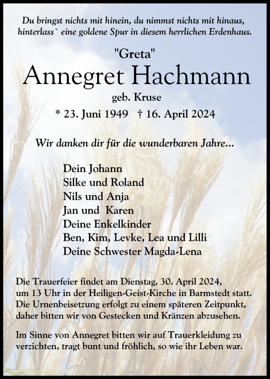 Traueranzeige von Annegret Hachmann von Elmshorner Nachrichten, Barmstedter Zeitung
