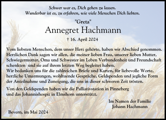 Traueranzeige von Annegret Hachmann von Elmshorner Nachrichten, Barmstedter Zeitung