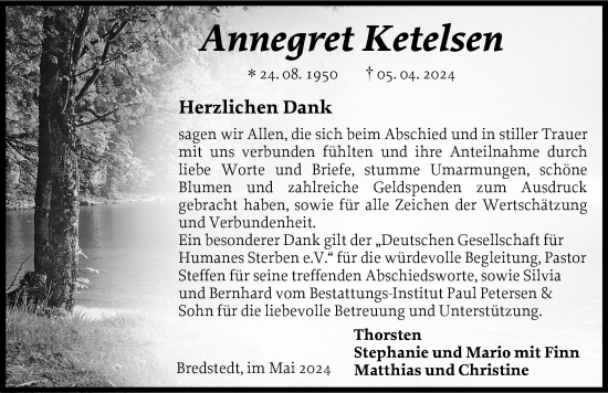 Traueranzeige von Annegret Ketelsen von Husumer Nachrichten, Nordfriesland Tageblatt