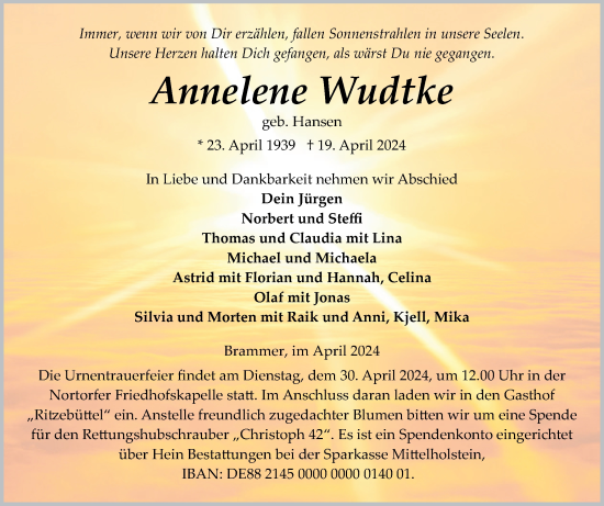 Traueranzeige von Annelene Wudtke von Schleswig-Holsteinische Landeszeitung