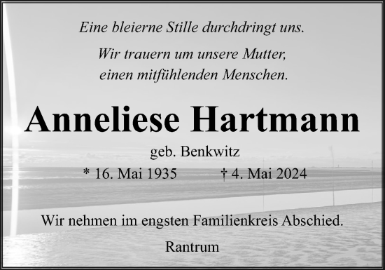 Traueranzeige von Anneliese Hartmann von Husumer Nachrichten, Nordfriesland Tageblatt