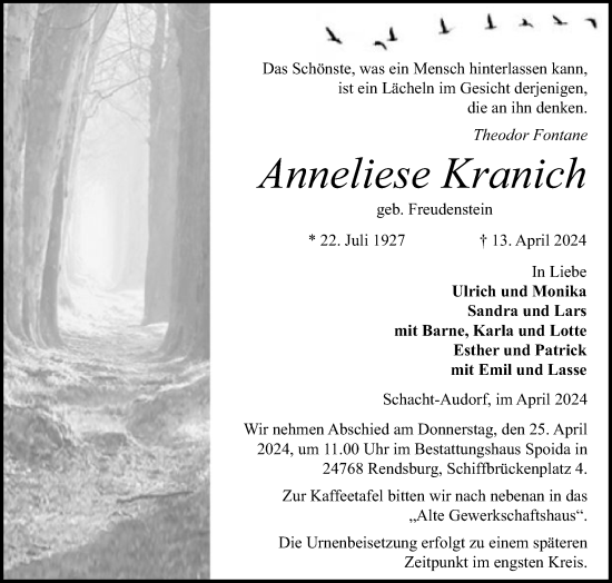 Traueranzeige von Anneliese Kranich von Husumer Nachrichten, Nordfriesland Tageblatt