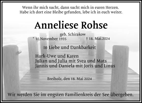 Traueranzeige von Anneliese Rohse von Schleswig-Holsteinische Landeszeitung