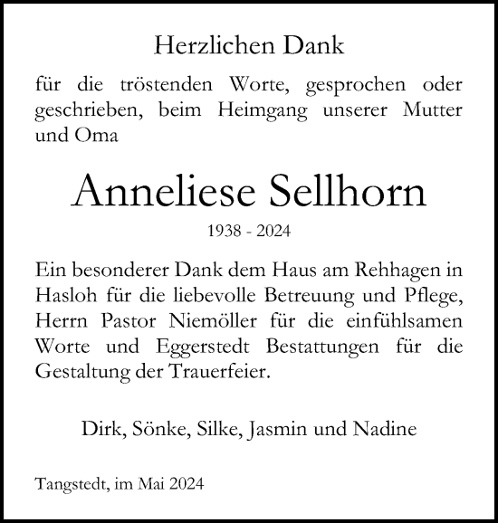 Traueranzeige von Anneliese Sellhorn von Region Pinneberg und tip Pinneberg