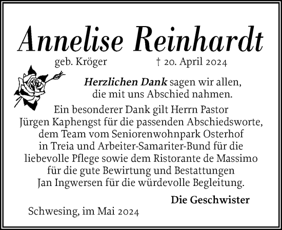 Traueranzeige von Annelise Reinhardt von Husumer Nachrichten, Nordfriesland Tageblatt