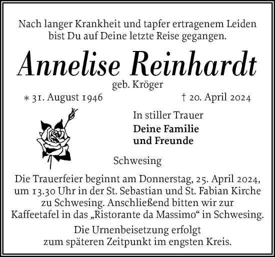Traueranzeige von Annelise Reinhardt von Husumer Nachrichten, Nordfriesland Tageblatt